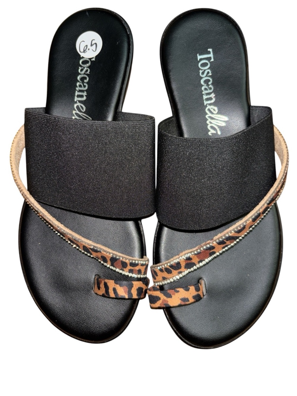 Black Slide Sandals with Leopard Toe Strap, NWOB